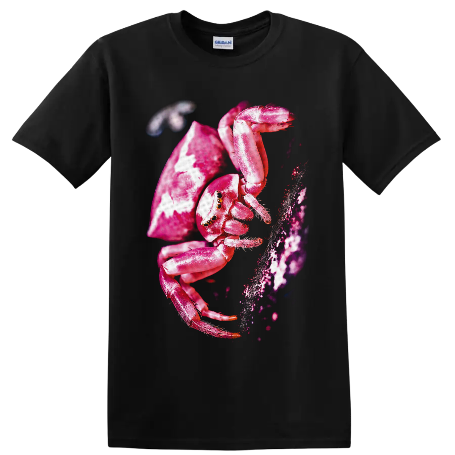 Vivid pink crab spider macro wildlife graphic beside textured bark on a Black T Shirt
