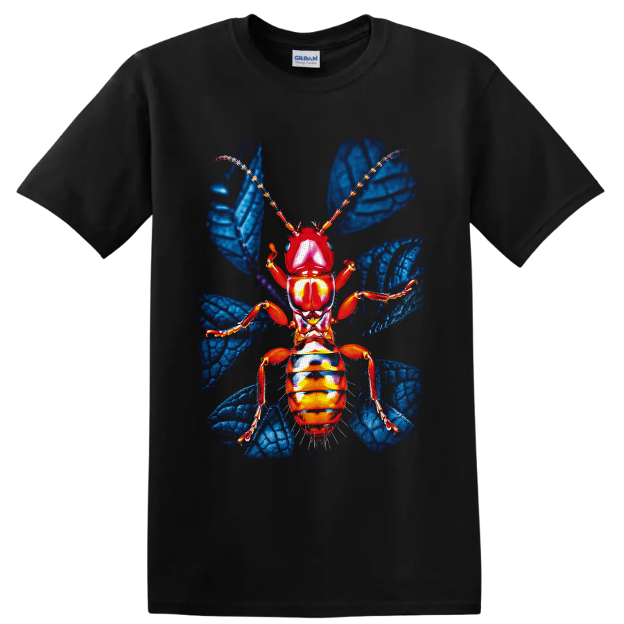 Colorful red-orange ant with blue wings in detailed insect anatomy art on a Black T Shirt