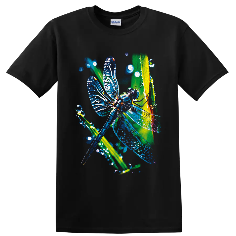 Luminous blue dragonfly with sparkling wings and green stems in colorful nature art on a Black T Shirt