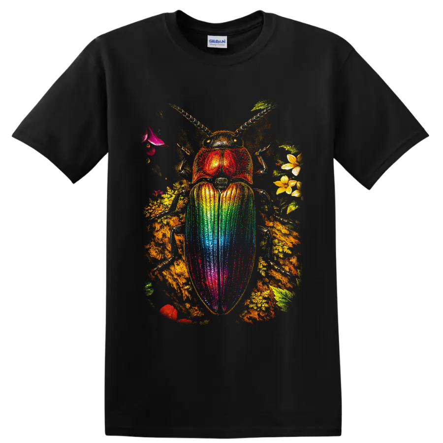 Rainbow scarab beetle with colorful wing case, flowers, leaves, and golden foliage on a Black T Shirt