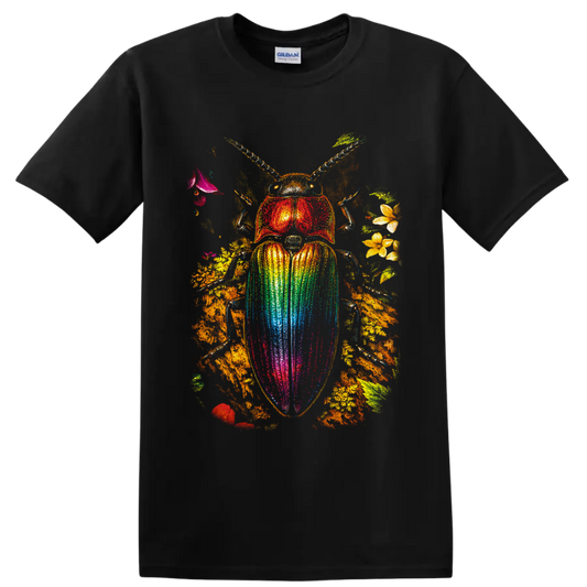 Rainbow scarab beetle with colorful wing case, flowers, leaves, and golden foliage on a Black T Shirt