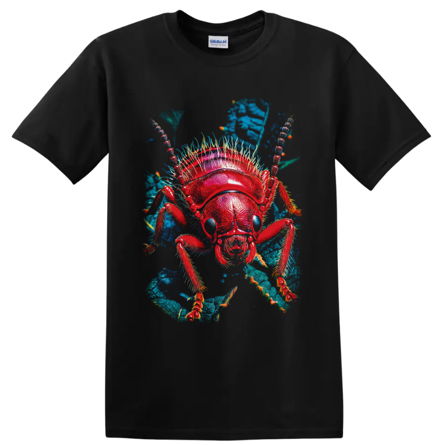 Vivid red ant macro illustration with blue eyes and teal leafy background on a Black T Shirt
