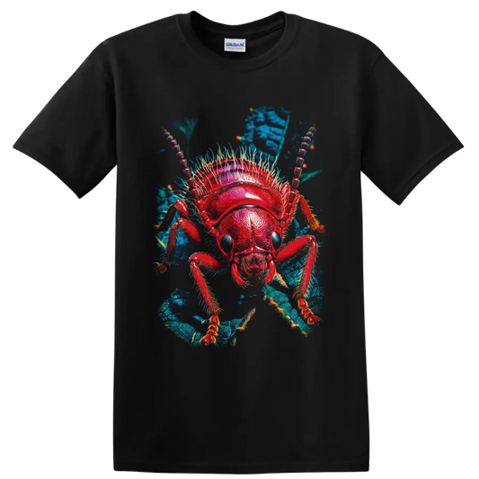 Vivid red ant macro illustration with blue eyes and teal leafy background on a Black T Shirt