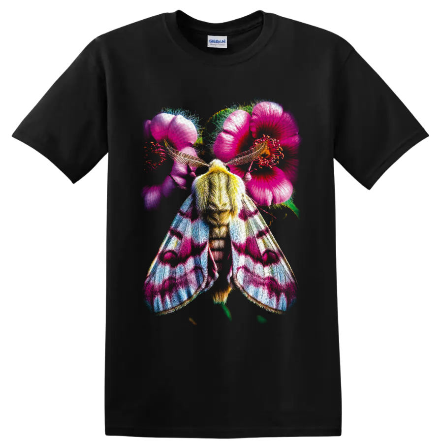 Colorful moth with pink hibiscus flowers in vivid tropical botanical art on a Black T Shirt