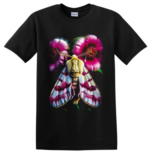Colorful moth with pink hibiscus flowers in vivid tropical botanical art on a Black T Shirt