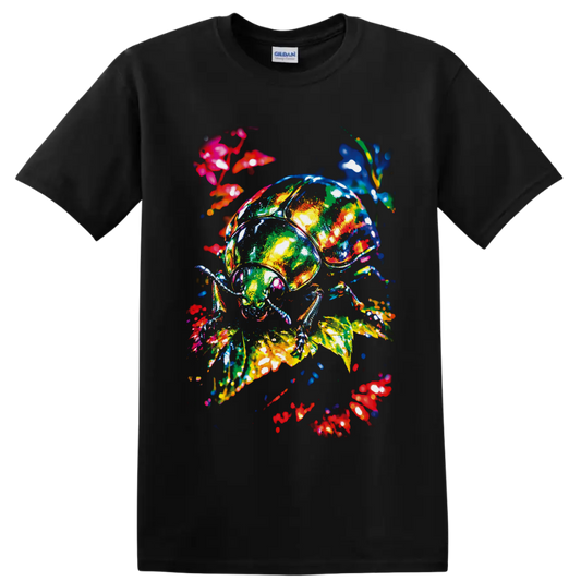 Colorful neon-style beetle amid glowing leaves, stems, and floral botanical accents on a Black T Shirt