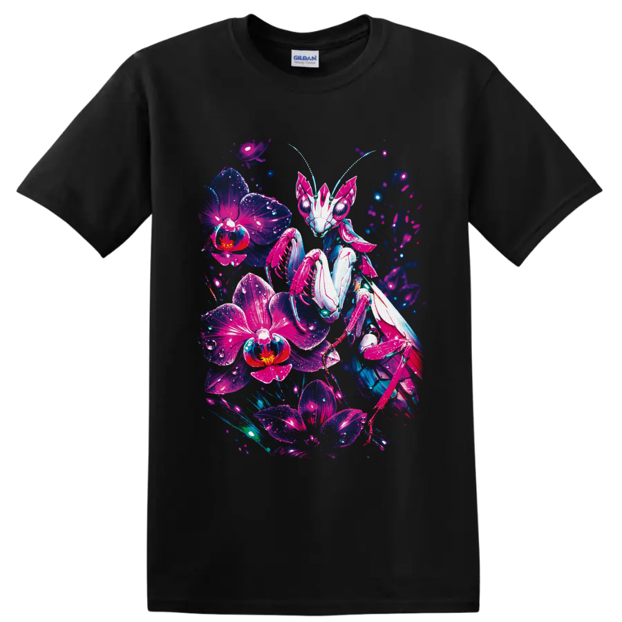 Cyberpunk robotic praying mantis surrounded by glowing neon orchid flowers on a Black T Shirt
