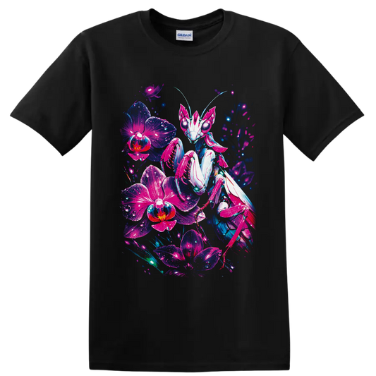 Cyberpunk robotic praying mantis surrounded by glowing neon orchid flowers on a Black T Shirt