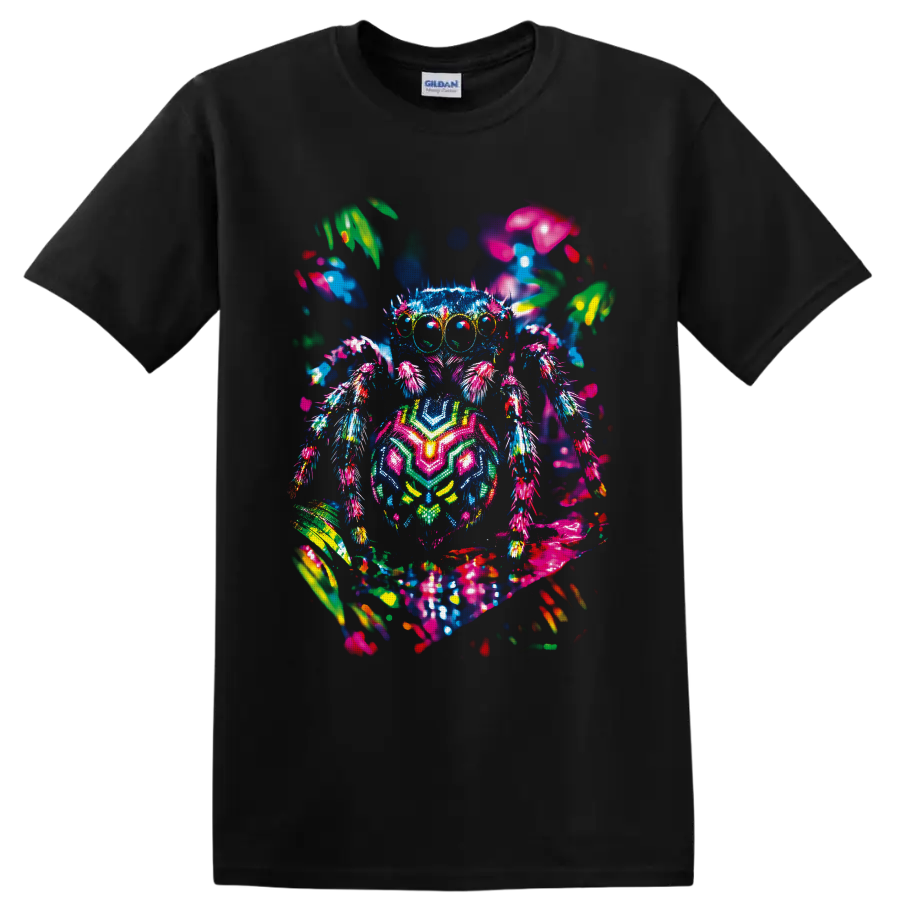 Neon psychedelic spider with glowing eyes, multicolored legs, and abstract garden shapes on a Black T Shirt
