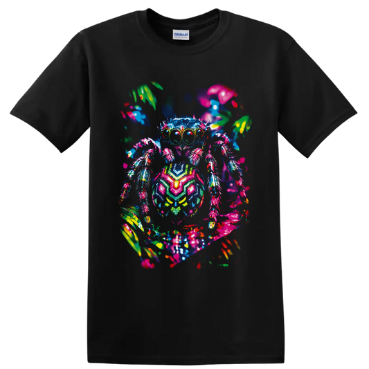 Neon psychedelic spider with glowing eyes, multicolored legs, and abstract garden shapes on a Black T Shirt