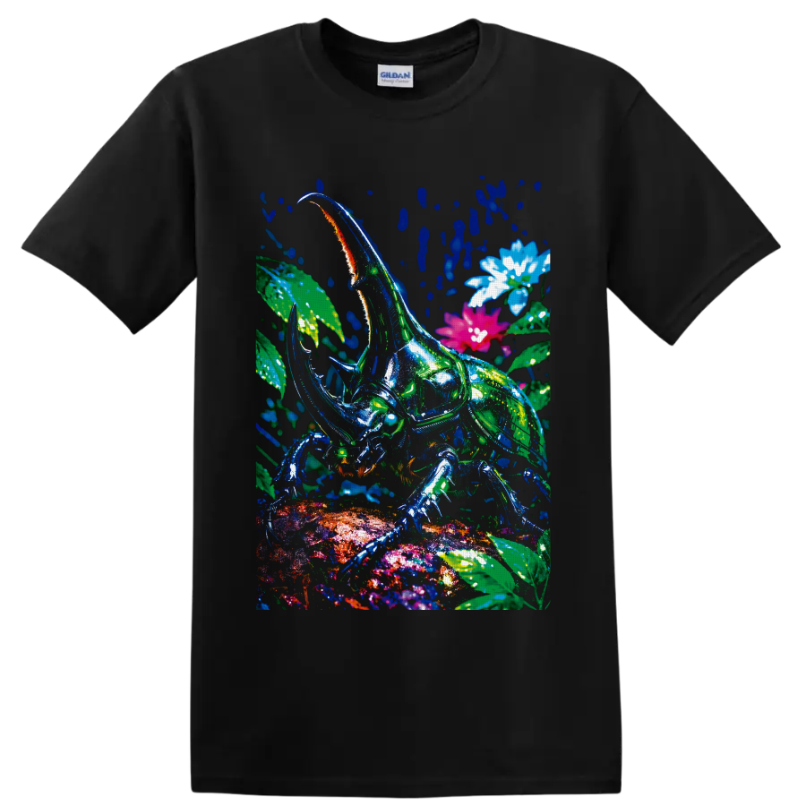 Neon rhinoceros beetle in a tropical botanical scene with colorful flowers on a Black T Shirt