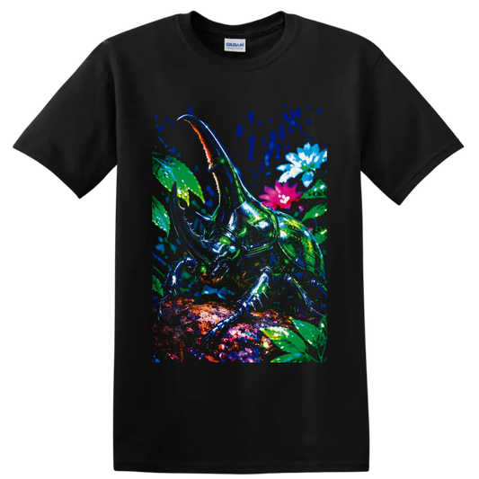 Neon rhinoceros beetle in a tropical botanical scene with colorful flowers on a Black T Shirt