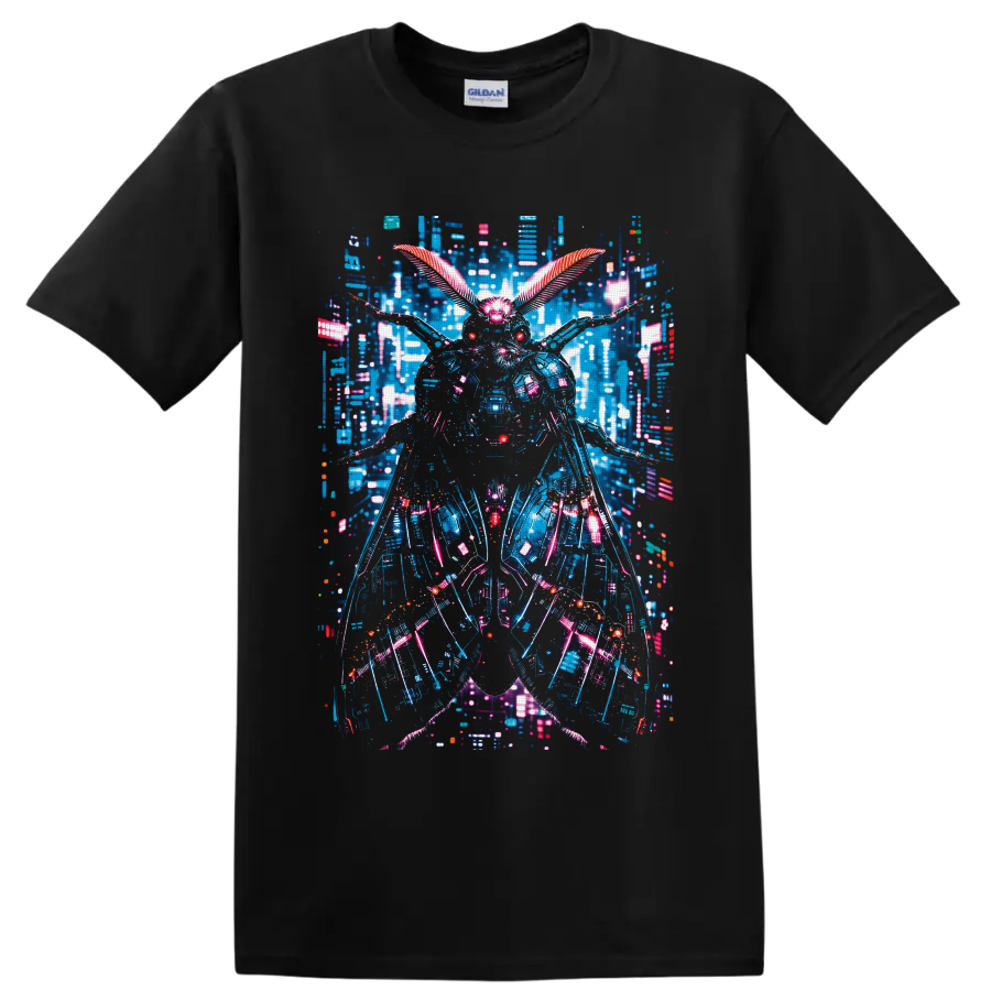 Cyberpunk mechanical moth with neon wings and a futuristic cityscape on a Black T Shirt