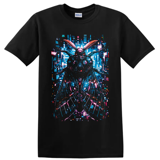 Cyberpunk mechanical moth with neon wings and a futuristic cityscape on a Black T Shirt