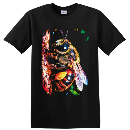 Colorful detailed bumblebee illustration on a textured branch with leaves and translucent on a Black T Shirt