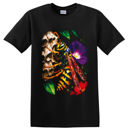 Yellowjacket wasp macro wildlife art with red wings and purple garden flower on a Black T Shirt