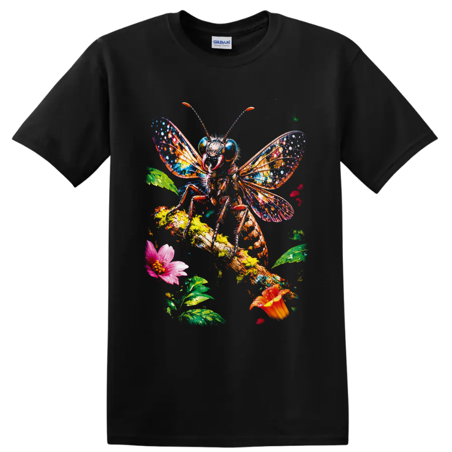 Colorful painted bee with vivid wings, flowers, leaves, and textured garden branch on a Black T Shirt