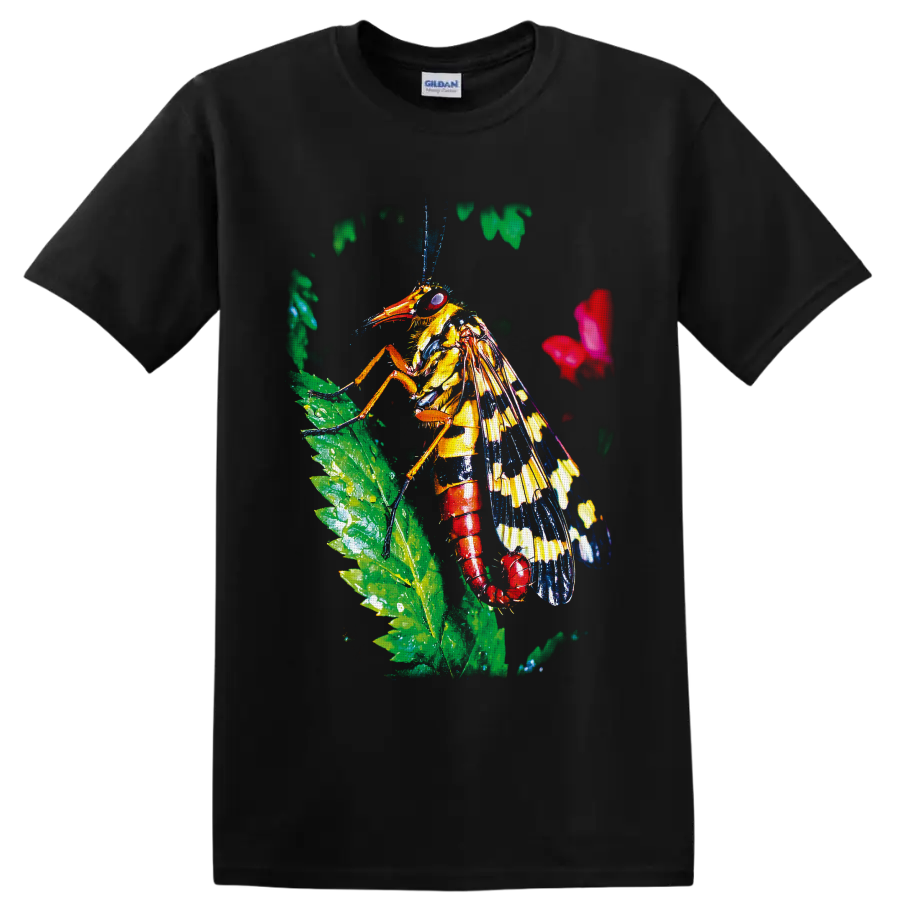 Colorful grasshopper on a green leaf in vivid tropical wildlife art on a Black T Shirt