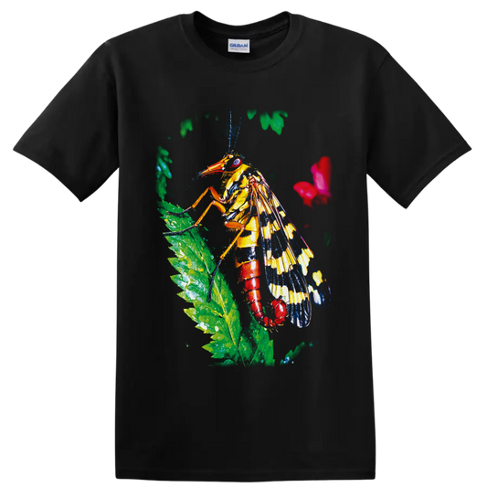 Colorful grasshopper on a green leaf in vivid tropical wildlife art on a Black T Shirt