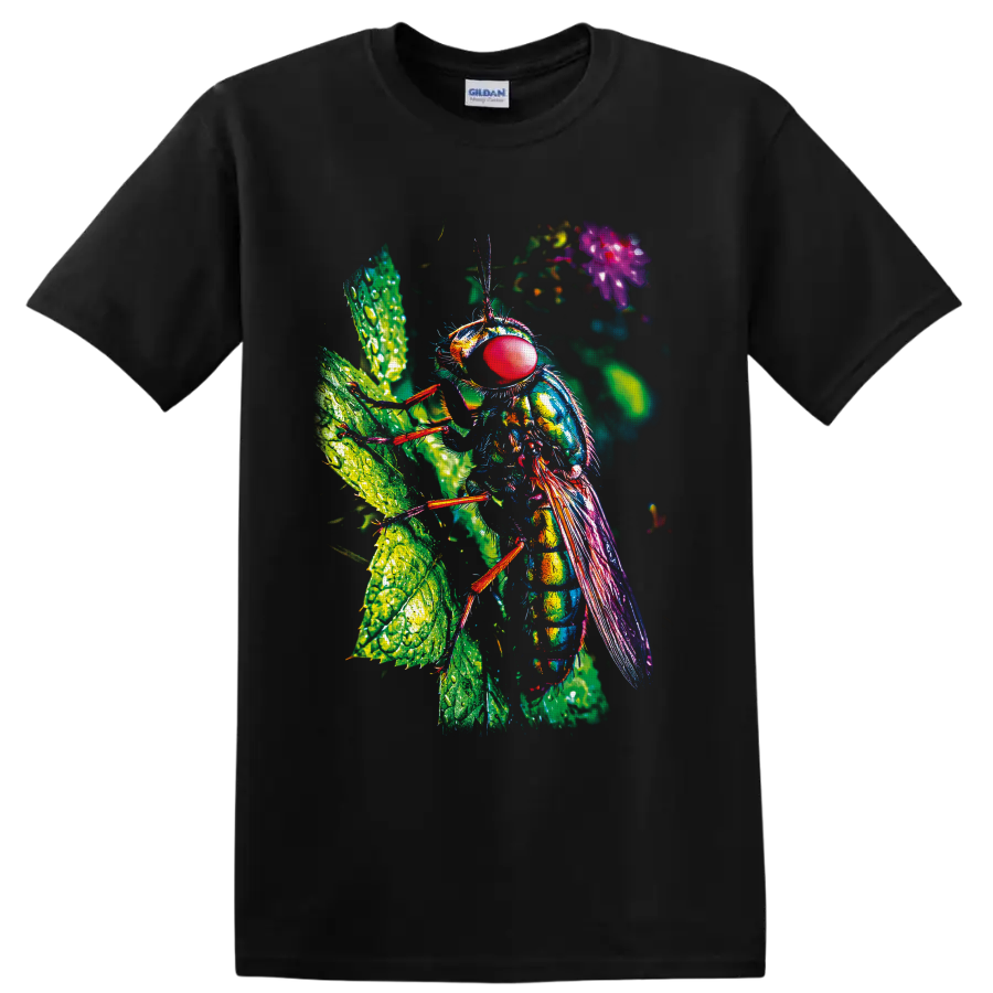 Colorful macro fly with red compound eye and iridescent wings on dew-covered leaves on a Black T Shirt
