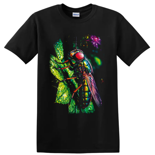 Colorful macro fly with red compound eye and iridescent wings on dew-covered leaves on a Black T Shirt