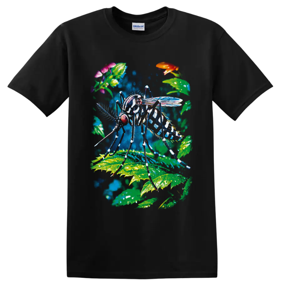 Colorful mosquito illustration with tropical leaves, flowers, and translucent wings on a Black T Shirt