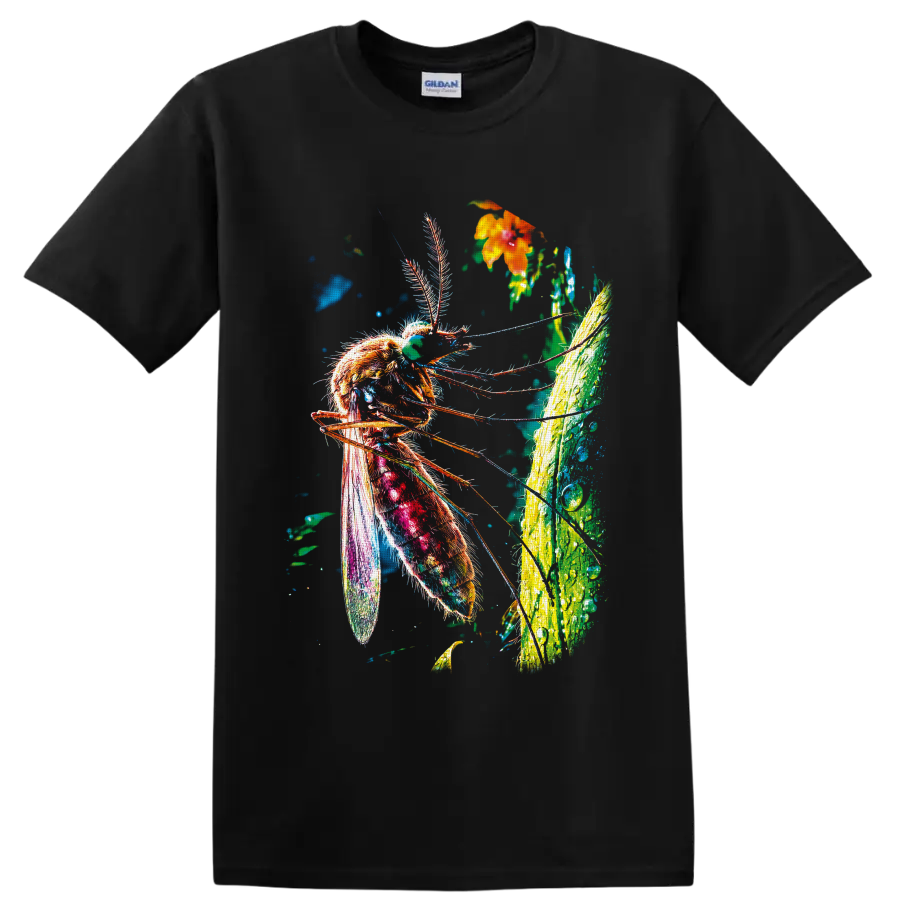 Neon-style mosquito illustration with tropical leaf, orange flower, and colorful wings on a Black T Shirt
