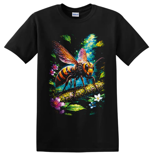 Colorful honey bee with luminous wings, flowers, leaves, and fantasy garden art on a Black T Shirt