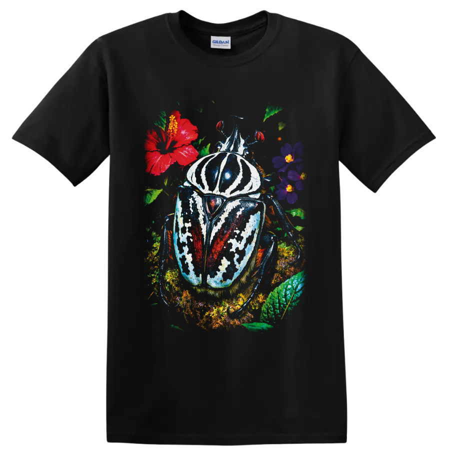 Colorful painted beetle surrounded by tropical flowers and lush botanical foliage on a Black T Shirt