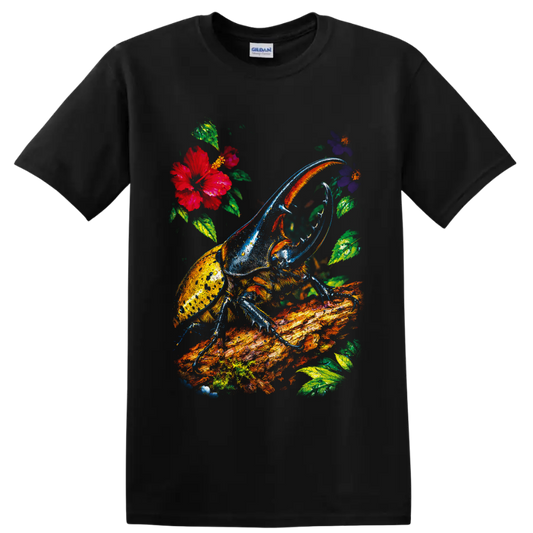 Colorful painterly stag beetle on a branch with tropical flowers and green foliage on a Black T Shirt