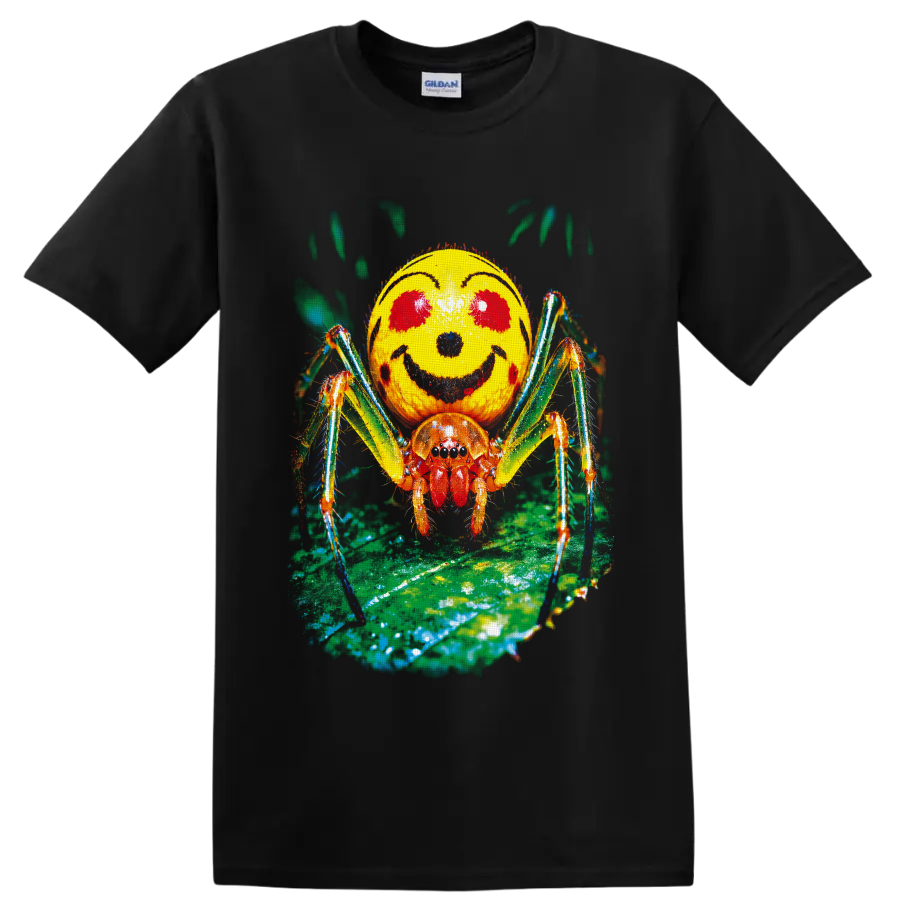 Colorful macro Smiley Face Spider with yellow marked abdomen on a green leaf on a Black T Shirt