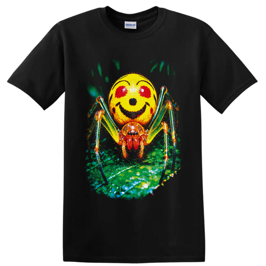 Colorful macro Smiley Face Spider with yellow marked abdomen on a green leaf on a Black T Shirt