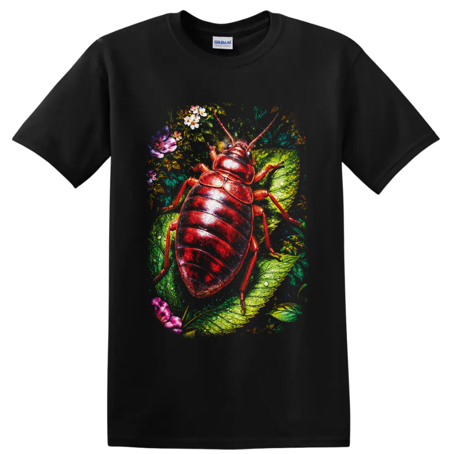 Glossy red beetle botanical illustration with dew-covered leaves and colorful flowers on a Black T Shirt