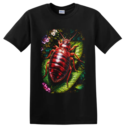 Glossy red beetle botanical illustration with dew-covered leaves and colorful flowers on a Black T Shirt