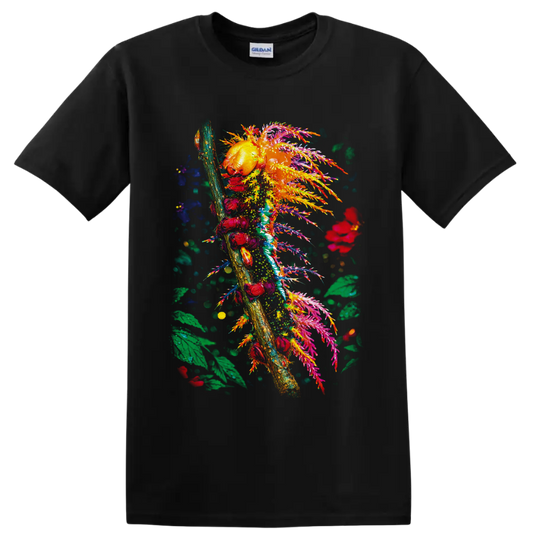 Colorful caterpillar on a branch with tropical leaves, flowers, and painterly splashes on a Black T Shirt