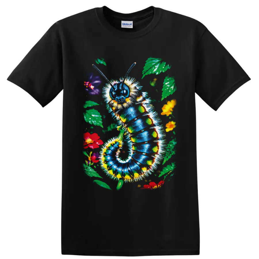 Colorful blue caterpillar with flowers and leaves in whimsical garden art on a Black T Shirt