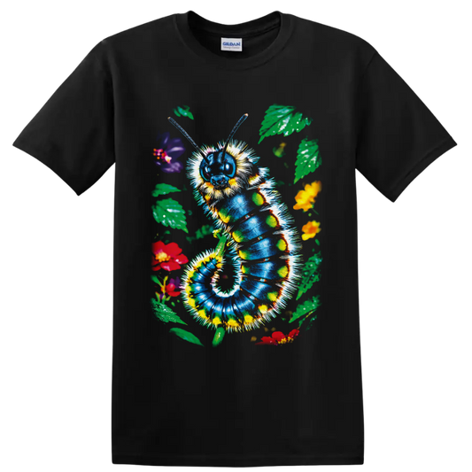 Colorful blue caterpillar with flowers and leaves in whimsical garden art on a Black T Shirt