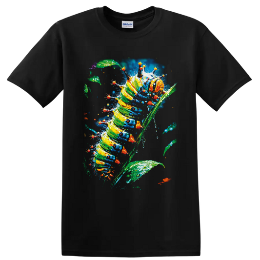 Colorful painterly caterpillar climbing a leafy stem with tiny orange insects on a Black T Shirt