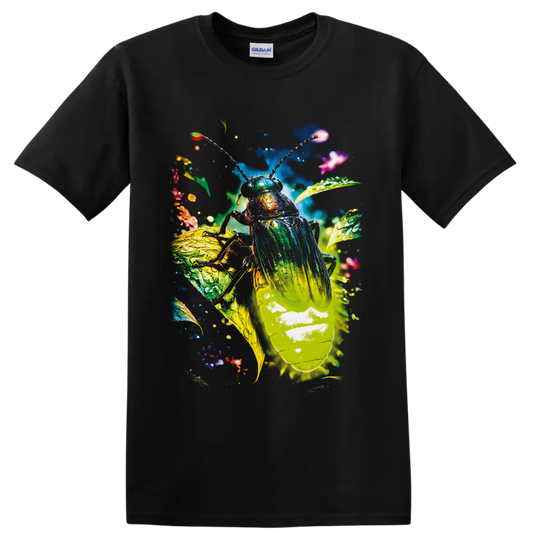 Colorful surreal cockroach with luminous wings, tropical leaves, and sparkling details on a Black T Shirt