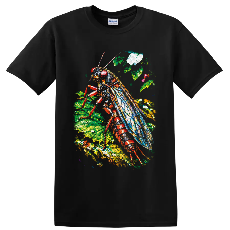 Colorful cockroach illustration with blue wings, red body, leaves, and flowers on a Black T Shirt