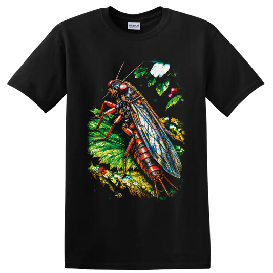 Colorful cockroach illustration with blue wings, red body, leaves, and flowers on a Black T Shirt