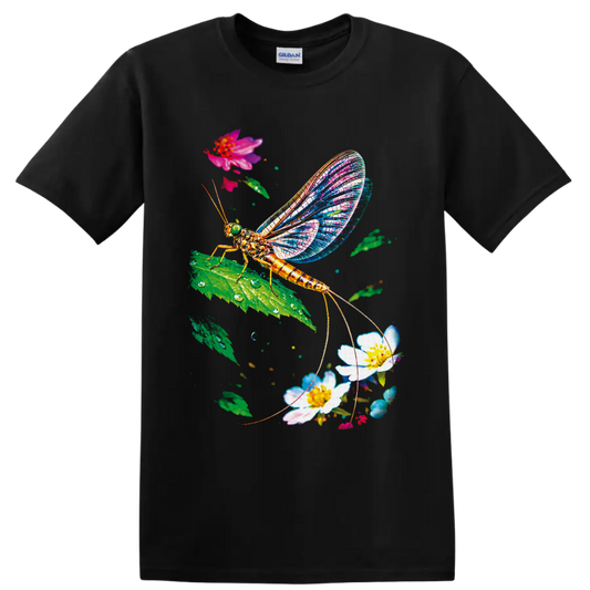 Colorful mayfly with mosaic wings on a leaf among flowers and water droplets on a Black T Shirt