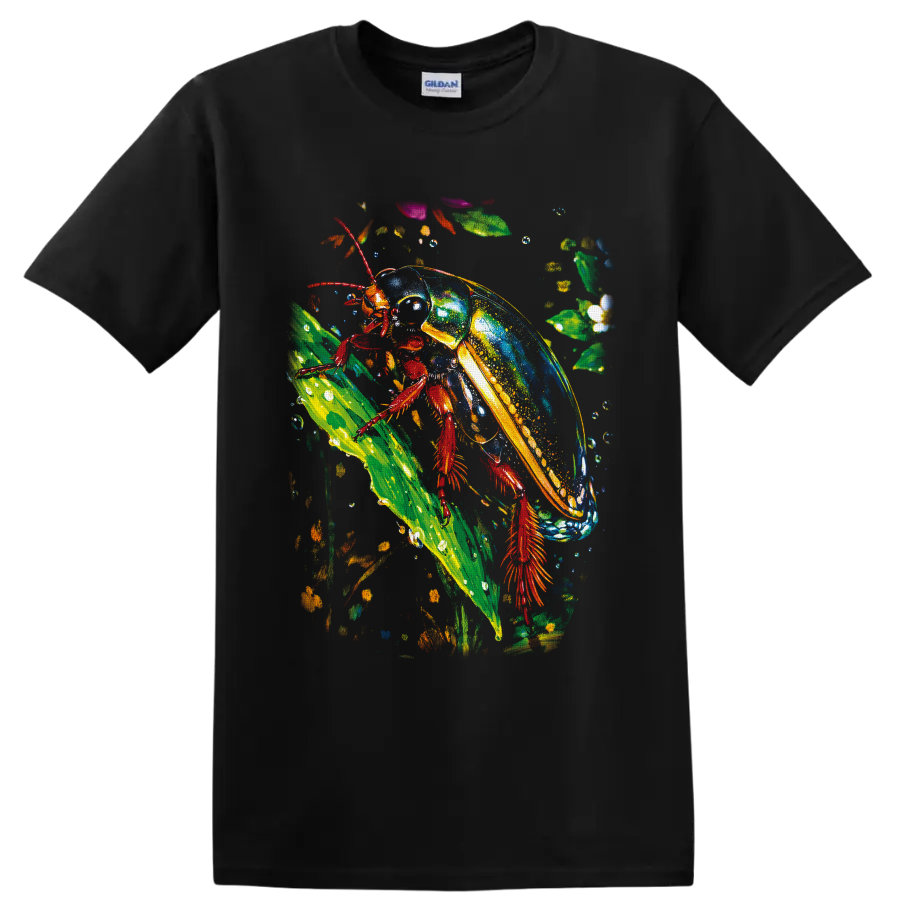 Colorful jewel-toned beetle climbing a tropical leaf in vivid painted nature art on a Black T Shirt