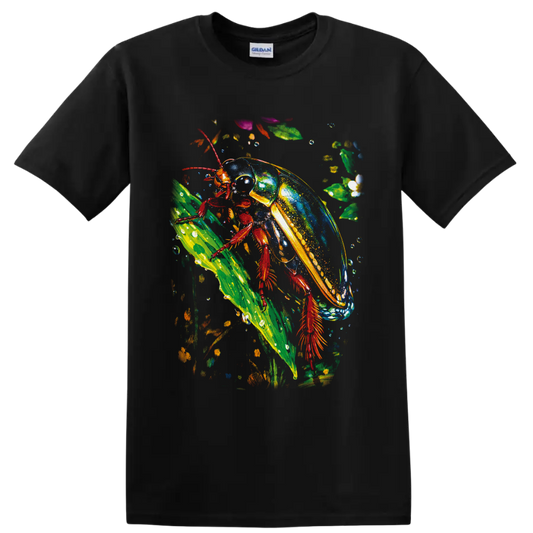 Colorful jewel-toned beetle climbing a tropical leaf in vivid painted nature art on a Black T Shirt