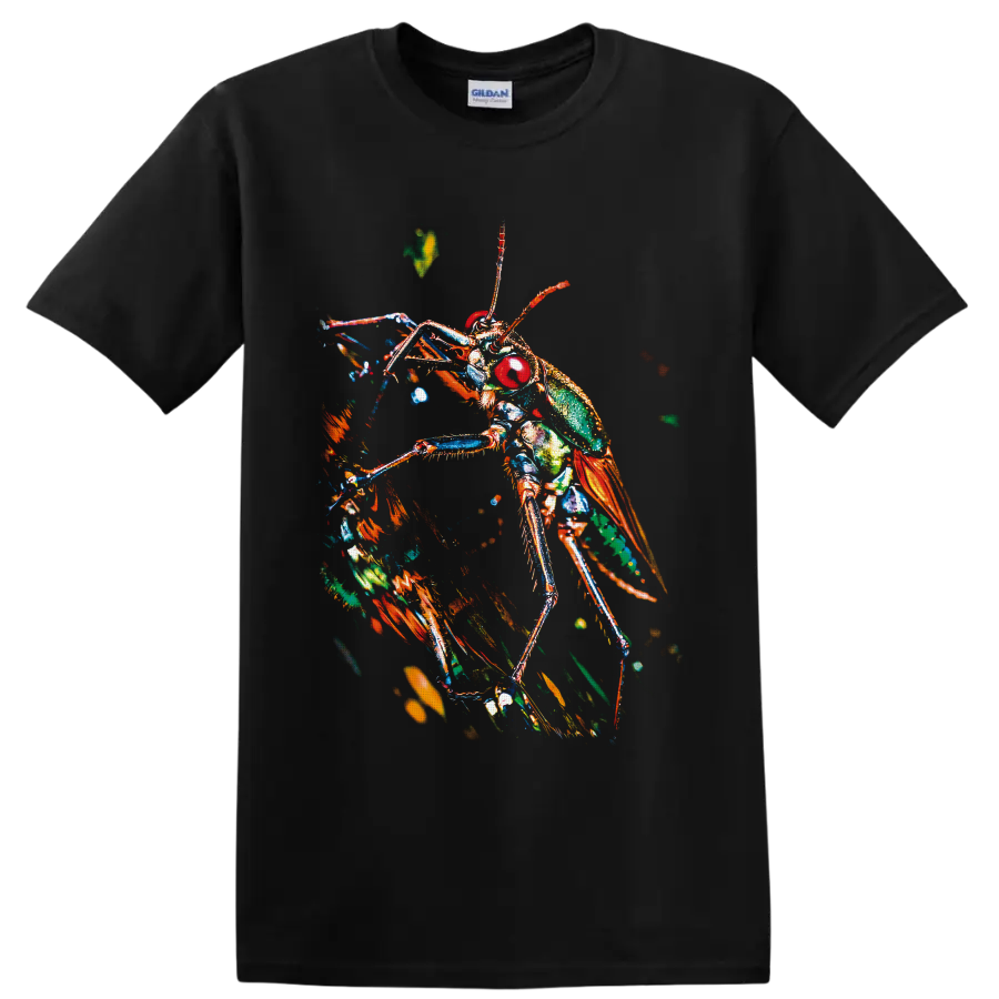 Colorful macro-style grasshopper with red eyes, green body, orange wings, and long legs on a Black T Shirt