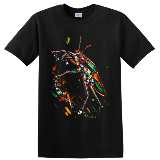 Colorful macro-style grasshopper with red eyes, green body, orange wings, and long legs on a Black T Shirt