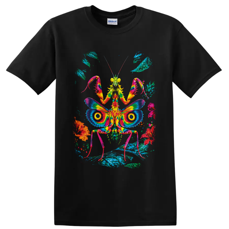 Psychedelic praying mantis with rainbow butterfly-like wings, flowers, and leaves on a Black T Shirt