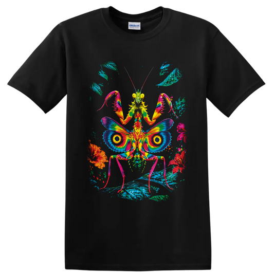 Psychedelic praying mantis with rainbow butterfly-like wings, flowers, and leaves on a Black T Shirt