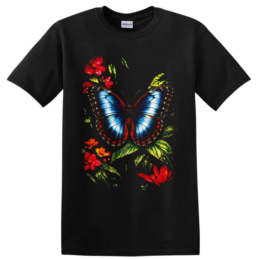 Blue butterfly with red flowers and green leaves in a colorful botanical graphic on a Black T Shirt