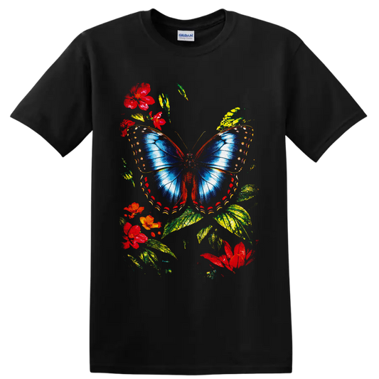 Blue butterfly with red flowers and green leaves in a colorful botanical graphic on a Black T Shirt